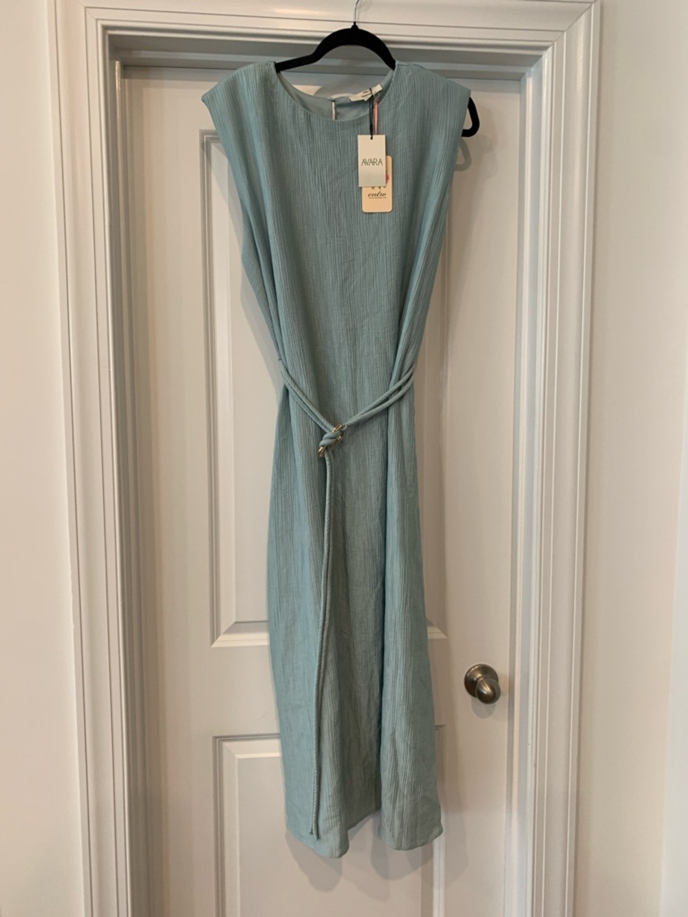 entro Light Seafoam Textured Maxi Dress with Waist belt silver buckle NWT